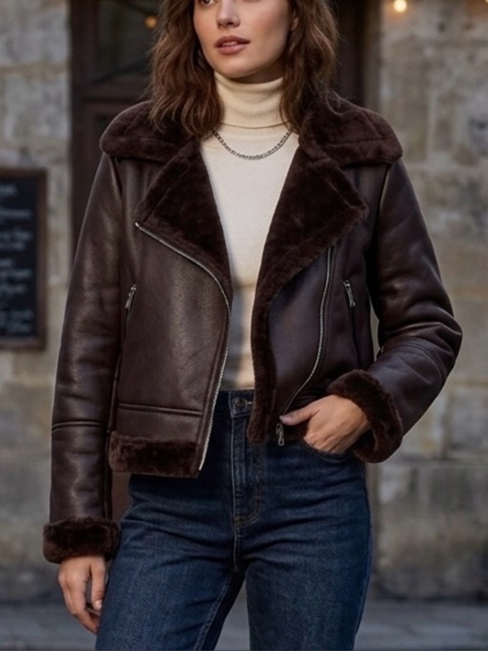 Vigoss Women’s Faux Shearling Aviator Bomber Jacket - Brown
